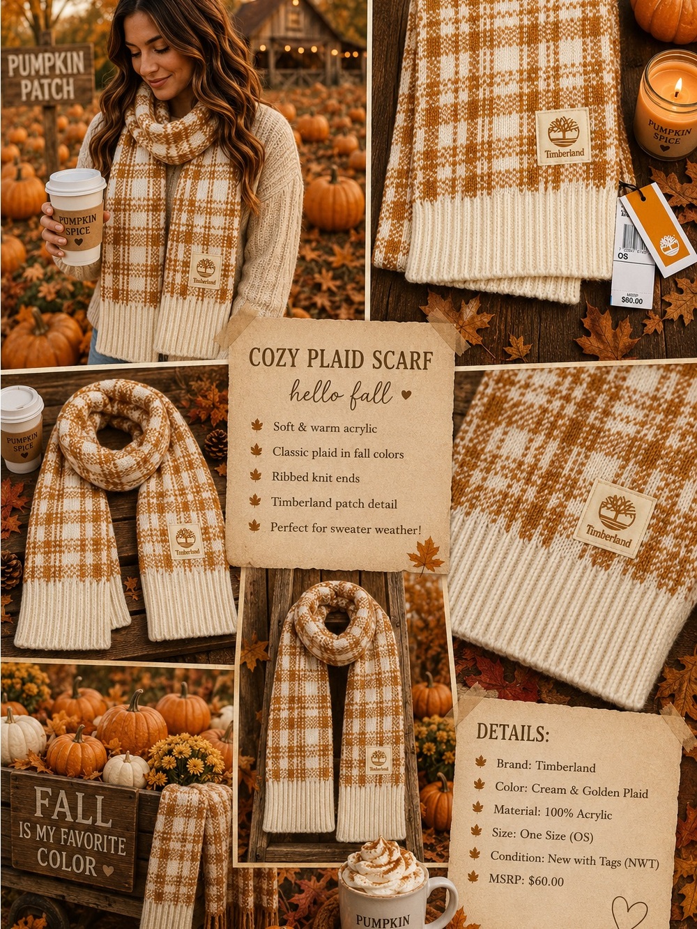 Timberland Cream & Golden Plaid Knit Scarf